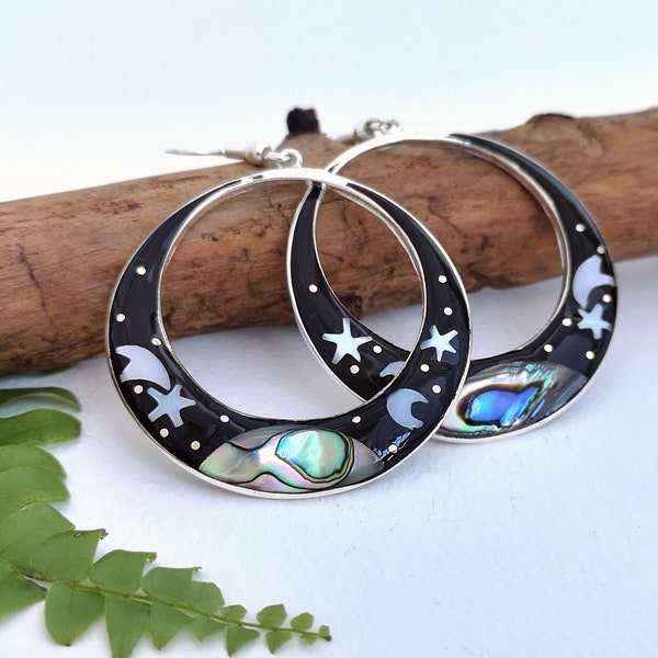 Celestial Earrings, Statement Hoops, Iridescent Abalone Shell, Handcrafted Mexican Jewellery, Boho Earrings, Abalone Earrings, Silver Plated