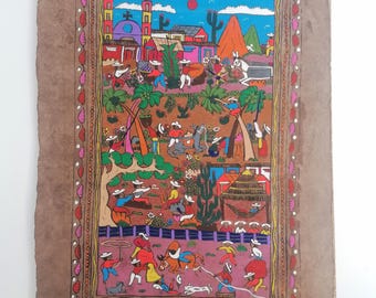 Mexikanische Volkskunst, Baumrindenpapier handbemalt, Erntedankfest 60 x 40 cm