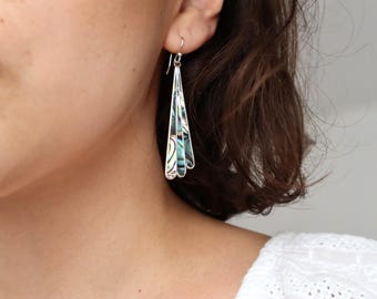 Art Deco Abalone Fan Earring, Handcrafted Iridescent Shell Inlay, Vintage Boho Chic Design