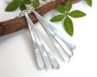 Art Deco Mother of Pearl Fan Earrings, Handcrafted Mexican Jewelry, Iridescent Shell Inlay