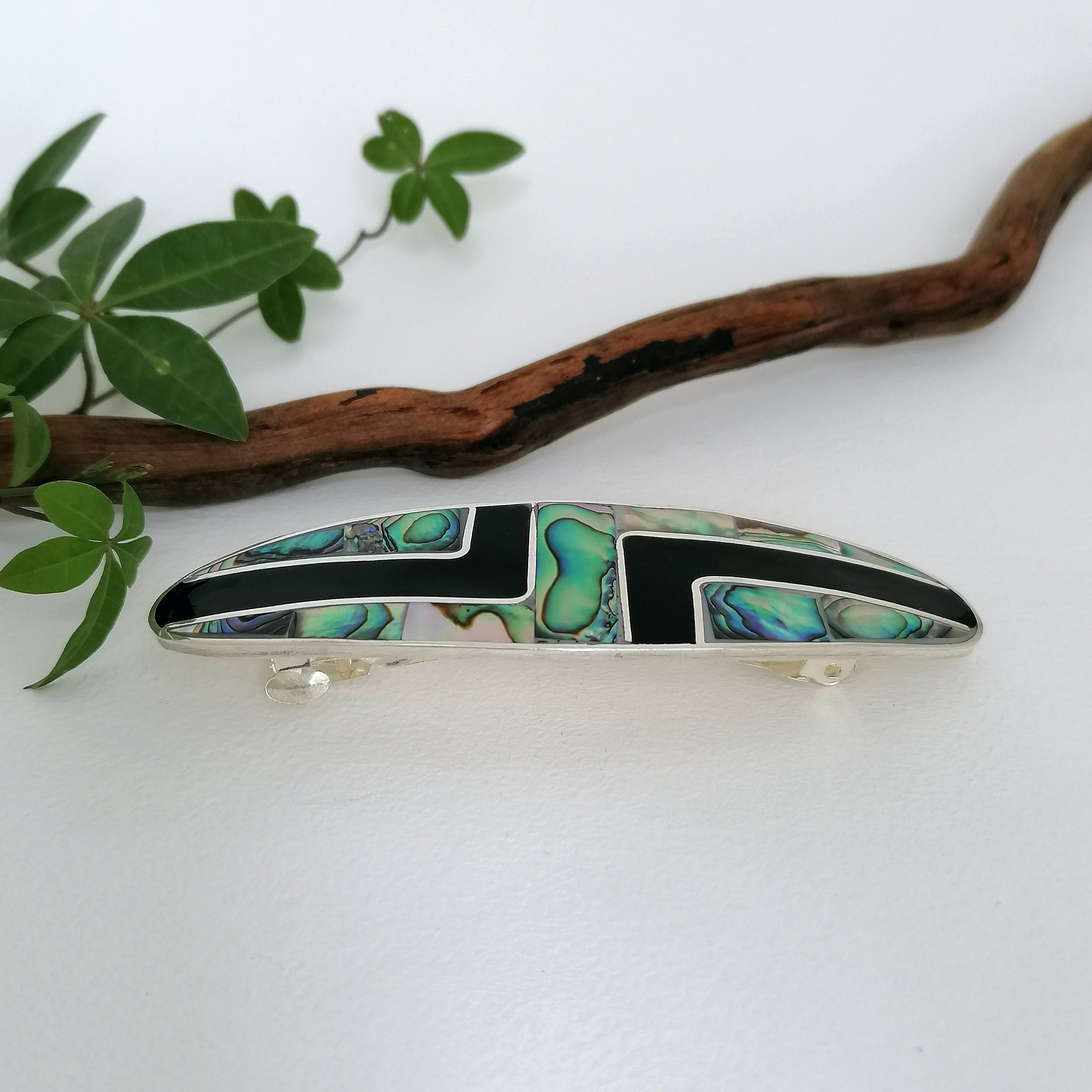 Inlay Abalone & Shell Enamel Metal Hair Barrette  3.5  X 1  Inch Well Crafted Barrette Clip Honey Orange Enamel Inlay Abalone & MOP Flower  main image 3
