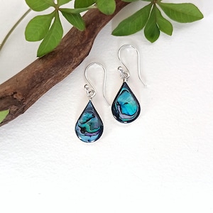 Può includere: Un paio di orecchini a goccia con inserti in conchiglia di abalone iridescente dai toni vorticosi blu, verdi e viola. I pezzi di conchiglia sono incastonati in montature di metallo color argento lucido e pendono da semplici ganci argentati.