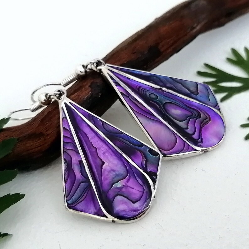 Art Deco Fan Earring Purple Earrings Abalone Earrings Etsy