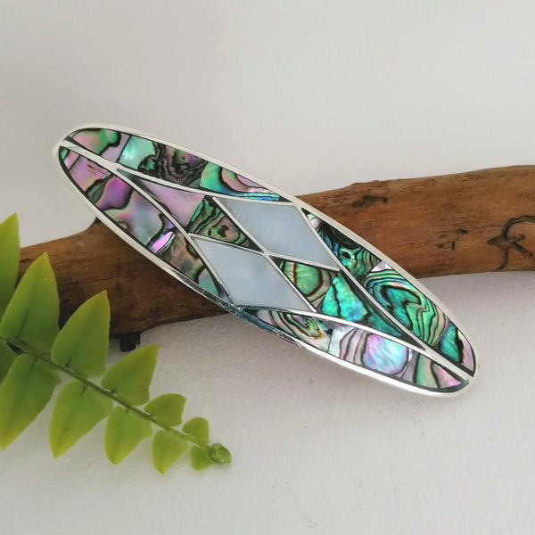 Abalone Hair Clip, Art Deco Barrette, Mother of Pearl Shell Barrette, Handcrafted Mexican Jewellery, Artisan Shell Inlay, Silver Plated