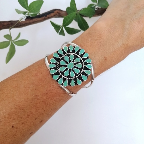 Pulsera de flor de calabaza turquesa, joyería mexicana, puño estilo navajo, pulsera turquesa, puño estilo suroeste, esmalte, plateado