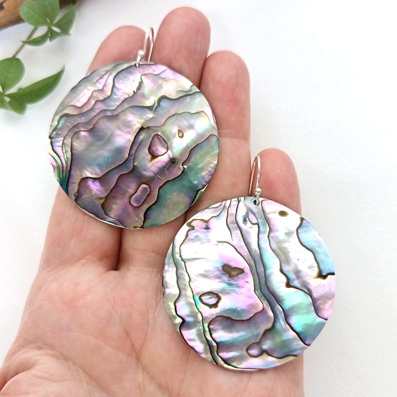 Large Abalone Earrings, Pink & Green Iridescent Shell, Statement Boho Beach Jewellery, Sterling Silver image 4