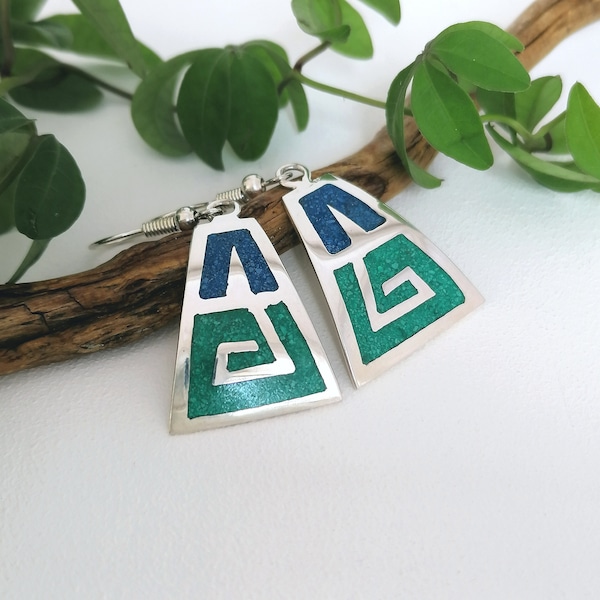 Aztec Earrings, Turquoise Earrings, Art Deco Earrings , Mexican Jewellery, Geometric Earrings, Crushed Turquoise , Enamel, Silver Plated