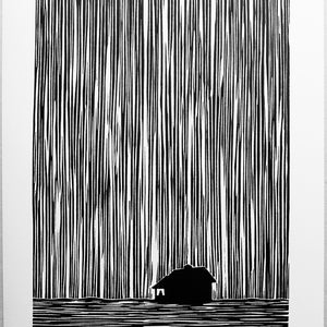 The Rain 2. Een linosnede op Zerkall-printpapier.