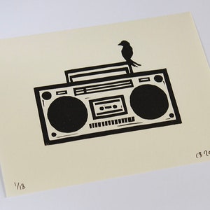 Bird And Boombox Lino cut print, signed and numbered in an edition of 18 image 3