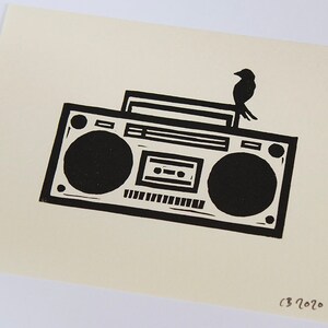 Bird And Boombox Lino cut print, signed and numbered in an edition of 18 image 1