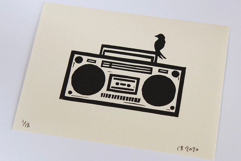 Bird And Boombox Lino cut print, signed and numbered in an edition of 18 image 1