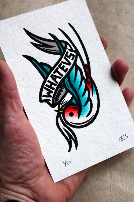 Whatevs -  a handmade lino print/linocut.  Printed on handmade Indian recycled cotton 300gsm paper and hand painted in acrylic inks.
