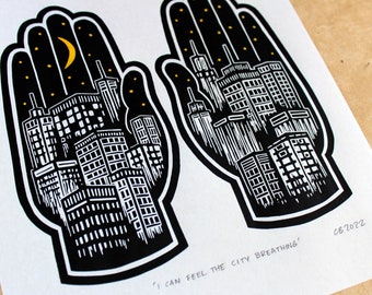 I Can Feel The City Breathing - a hand coloured linocut print on Japanese Paper - Signed and Numbered in an edition of 45