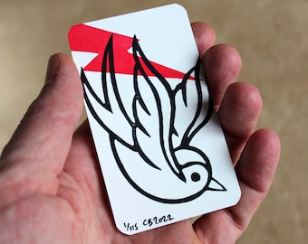 BIRD - Tattoo Inspired  Mini Print/Trading Card.  One Handmade mini card print sealed in an envelope.