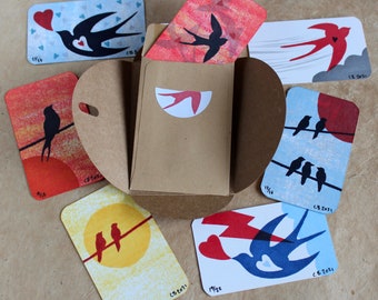 Mini Print/Trading Cards. (Set A) SEVEN CARD SET - Seven Handmade mini card prints sealed in an envelope in handprinted packaging.