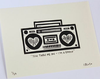 You Turn Me On - I'm A Radio. Lino cut print, signed and numbered in an edition of 24.