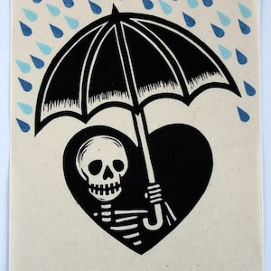 Skelly Umbrelly - a hand printed and decorated linocut on handmade Nepalese Paper - Signed, Numbered Edition of 33