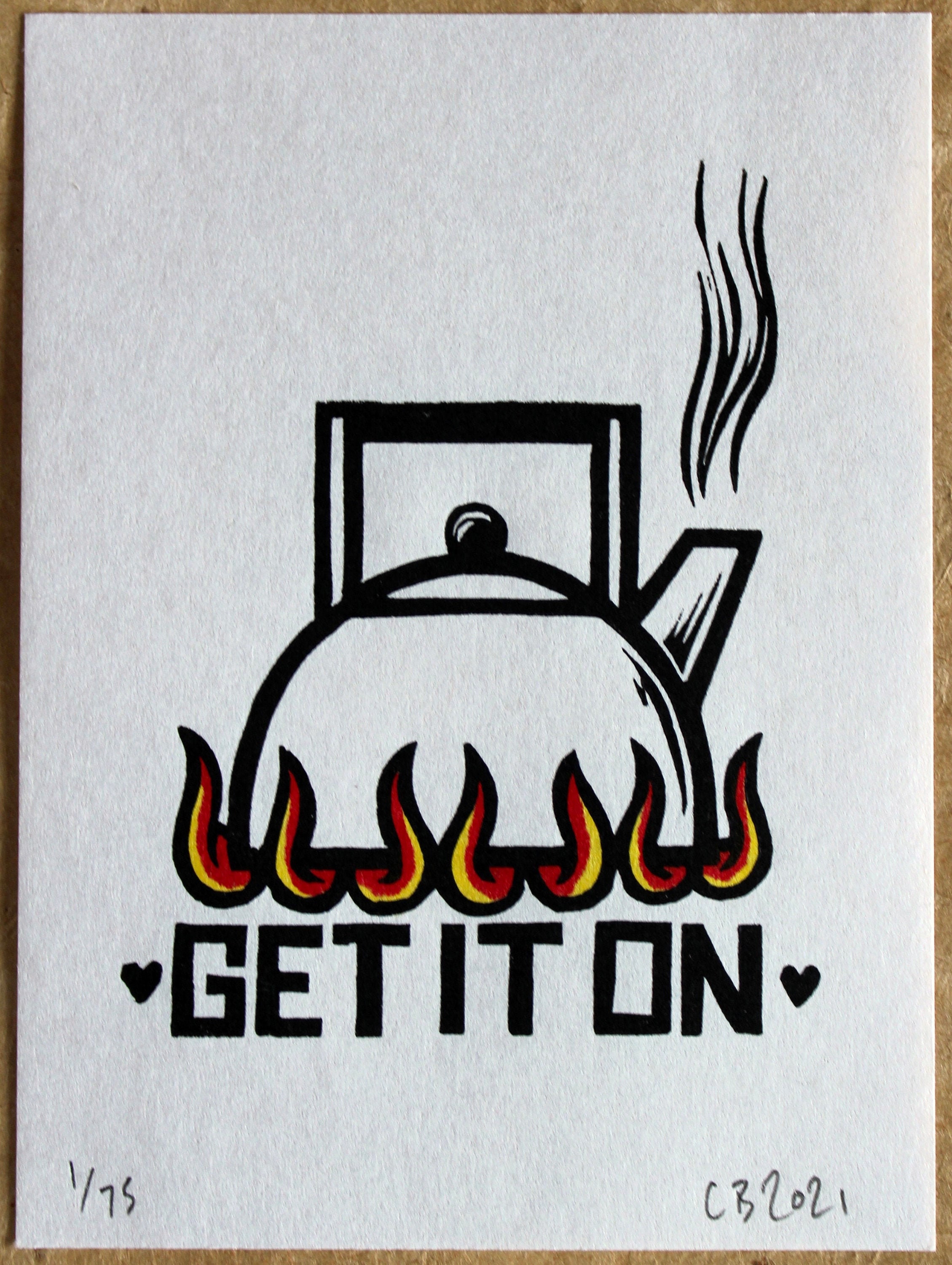 Get It On - a hand coloured linocut print on Japanese Paper - Signed …