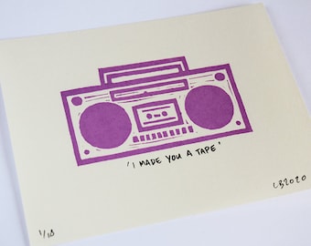 I Made You A Tape - Lilac. Hand made relief stamp print, signed and numbered in an edition of 18