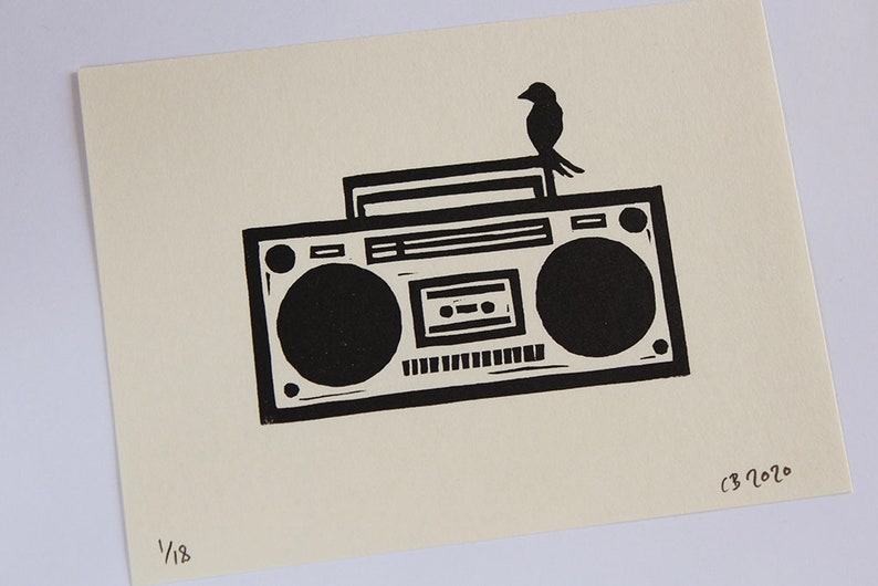 Bird And Boombox Lino cut print, signed and numbered in an edition of 18 image 4