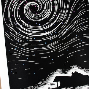 Você já pensou no que existe lá fora? - serigrafia - Combinação de cores azul/roxo/rosa. Edição assinada e numerada de 75 exemplares.