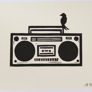 Bird And Boombox Lino cut print, signed and numbered in an edition of 18 image 2