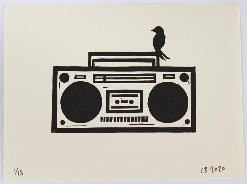 Bird And Boombox Lino cut print, signed and numbered in an edition of 18 image 2