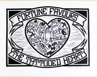 Fortune Favours The Tattooed Heart - Number Two - Unique Linocut/relief print