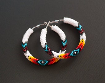 White Native Style Earrings, Ethnic Style Hoop Earrings, Southwestern Style Hoops, Bead Crochet Hoops, Ethnic Beadwork MADE TO ORDER