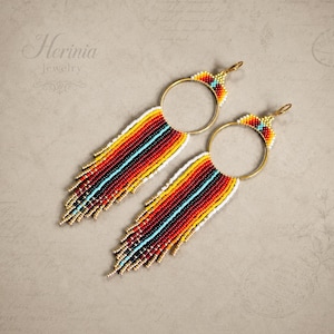 Fiery Colors Beaded Fringe Earrings with Golden Hoops, Native Inspired Shoulder Dusters