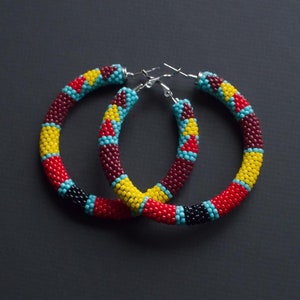 Colorful Native Style Earrings Western Style Hoop Earrings Southwestern Style Hoops Beaded Hoops, Ethnic Beadwork Gift for Her MADE TO ORDER