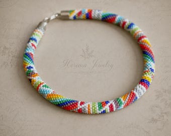 Beaded Crochet Necklace: Rainbow Geometric Patchwork Jewelry