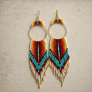 Turquoise Red White Fringe Earrings with Golden Hoops, in Native Southwestern Style