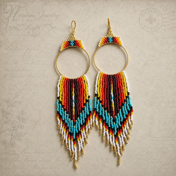 Turquoise Red White Fringe Earrings with Golden Hoops, in Native Southwestern Style