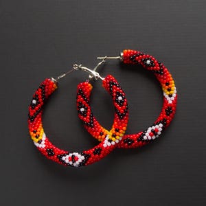 Red Native Style Earrings, Ethnic Style Hoop Earrings, Southwestern Style Hoops, Bead Crochet Hoops, Ethnic Beadwork MADE TO ORDER