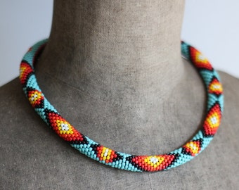 Turquoise Orange Necklace, Colorful Boho Necklace, Reversible Necklace, Blue Ethnic Inspired Necklace, Ethnic Style Beadwork MADE TO ORDER
