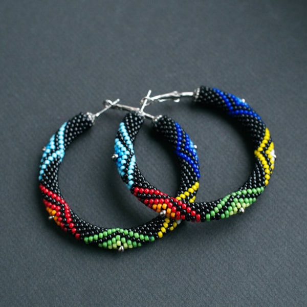 Colorful African Style Earrings, Colorful Native Inspired Hoops, Big Hoop Earrings, Ethnic Beadwork Earrings, Ankara Inspired MADE TO ORDER