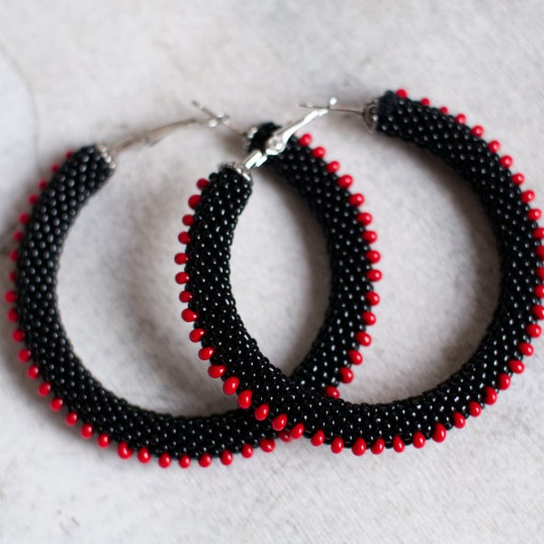 Black Steampunk Earrings, Black and Red Hoop Earrings, Beaded Hoops, Black Hoops, Evening Jewelry, Black Spiky Earrings MADE TO ORDER