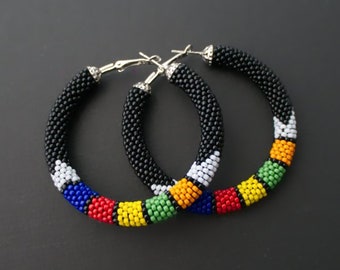 Colorful African Style Earrings, Black Hoop Earrings, Big Hoop Earrings, Ethnic Beadwork Style Earrings, Black Hoop Earrings MADE TO ORDER