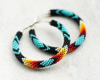 Native Style Earrings, Black Turquoise Ethnic Inspired Earrings, Ethnic Style Hoop Earrings, Southwest Style Hoops,  Beadwork MADE TO ORDER