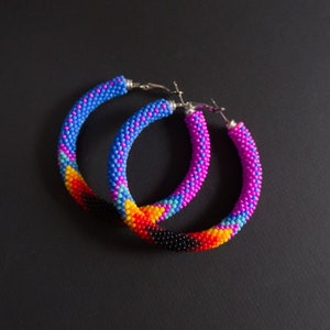 Hot Pink Hoop Earrings, Native Style Earrings, Beaded Hoop Earrings, Native Style Beadwork, Big Hoops, Blue Pink Earrings MADE TO ORDER