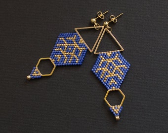 Geometric Earrings, Cobalt Blue Triangle Earrings, Himmeli Inspired Earrings, Cobalt Blue and Gold Earrings, Gold Dangle Boho Earrings