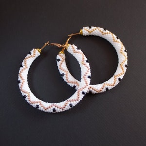 White and Gold Hoop Earrings, Big White Earrings, Big Beaded Hoop Earrings, Ethnic Earrings, Bridal Earrings, Big White Hoops MADE TO ORDER