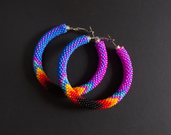 Hot Pink Hoop Earrings, Native Style Earrings, Beaded Hoop Earrings, Native Style Beadwork, Big Hoops, Blue Pink Earrings MADE TO ORDER