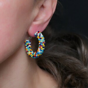 Colorful Earrings, Multicolor Beaded Earrings, Beaded Hoop Earrings, Beadwork Hoop Earrings, Bead Crochet Hoops, Colorful Hoops, Polka Dots image 4