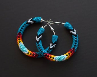 Turquoise Teal Native Style Earrings, Ethnic Style Hoop Earrings, Southwestern Style Hoops, Beaded Hoops, Ethnic Beadwork MADE TO ORDER