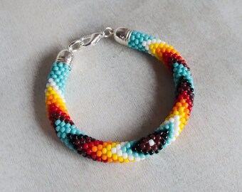 Ethnic Turquoise Bracelet, Blue Boho Bracelet, Colorful Blue Inspired Beadwork, Bead Crochet Rope, Native Style Beadwork - MADE TO ORDER