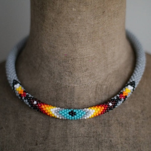 Gray and Turquoise Ethnic Necklace, Ethnic Style Beadwork Necklace, Bead Crochet Rope, Boho Necklace, Bead Crochet necklace MADE TO ORDER