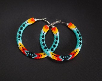 Turquoise Ethnic Inspired Earrings, Native Style Hoop Earrings, Mint Green Beaded Hoop Earrings, Boho Hoops, Ethnic  Earrings MADE TO ORDER