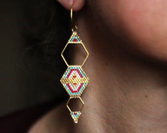 Boho Chic Earrings, Ethnic Style Earrings, Gold Hexagon Earrings, Bohemian Earrings, Geometric Earrings, Golden Boho Earrings. MADE TO ORDER